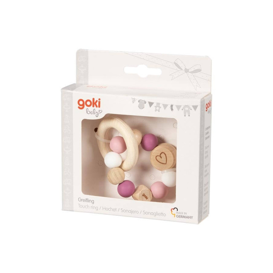 Coffret hochet élastique cœur rose en bois - Goki