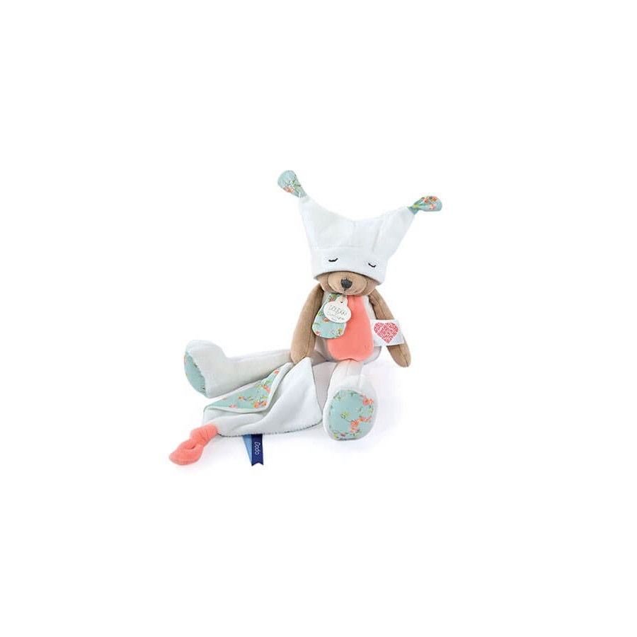 Doudou pantin ours blanc 35 cm avec Qr Code Coeur - Bonnet de nuit sur les yeux - Doudou-et-Compagnie
