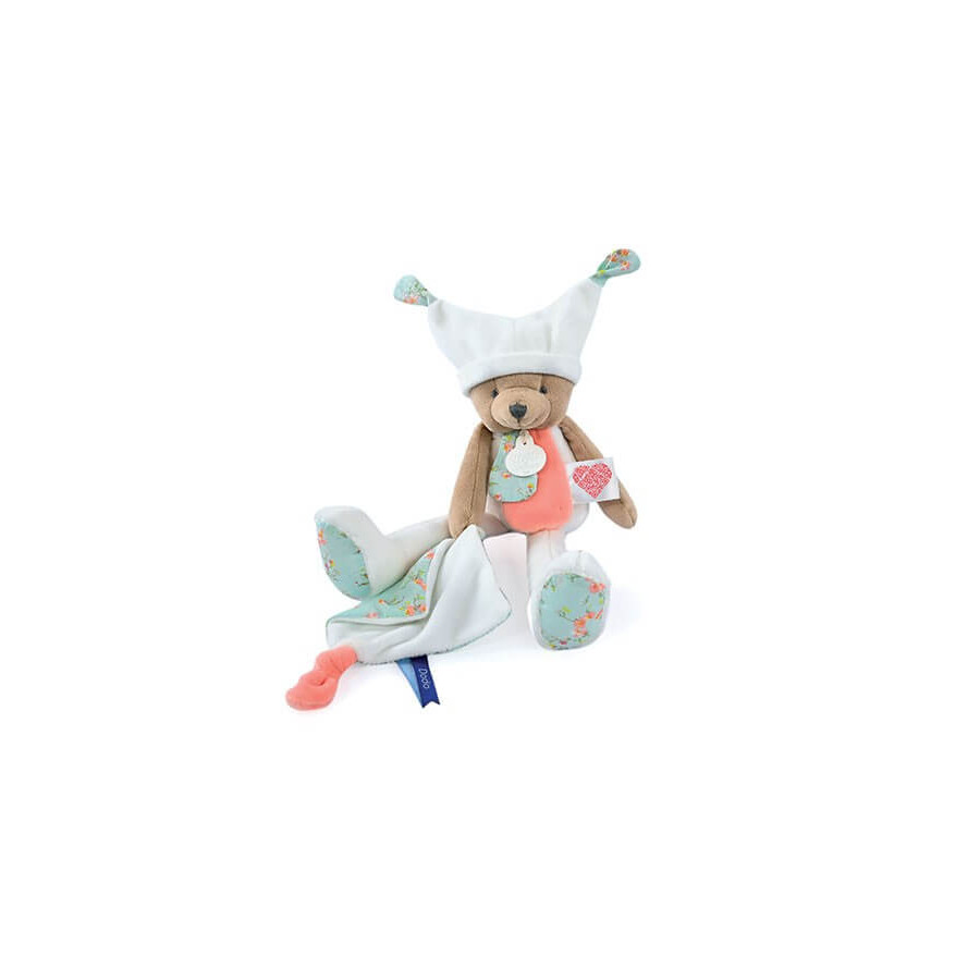 Doudou pantin ours blanc 35 cm avec Qr Code Coeur - Bonnet de nuit sur la tête - Doudou-et-Compagnie