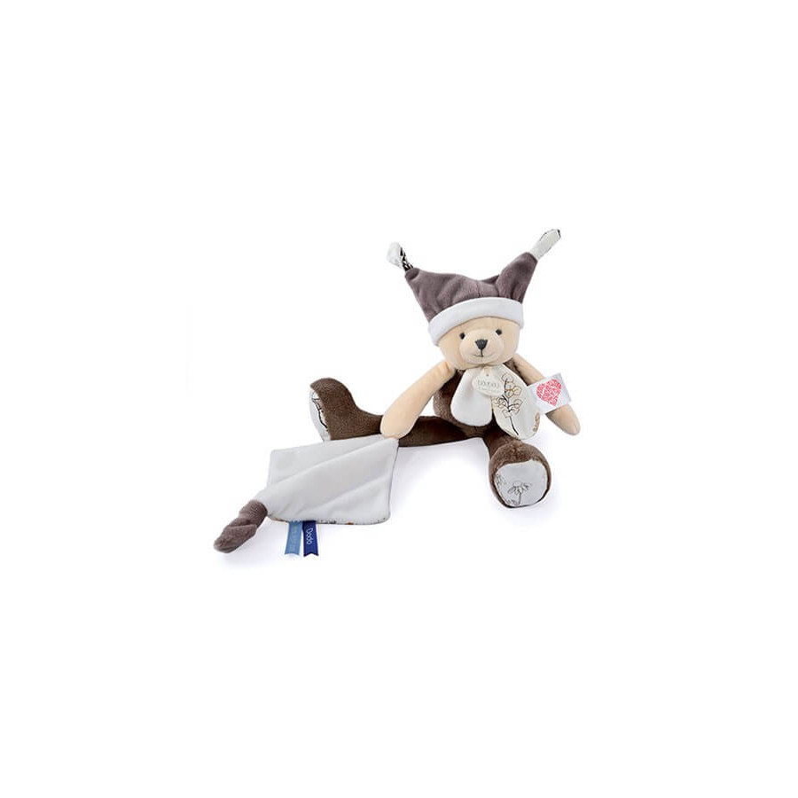 Doudou pantin ours marron 35 cm avec Qr Code Coeur - Bonnet de nuit sur la tête - Doudou-et-Compagnie
