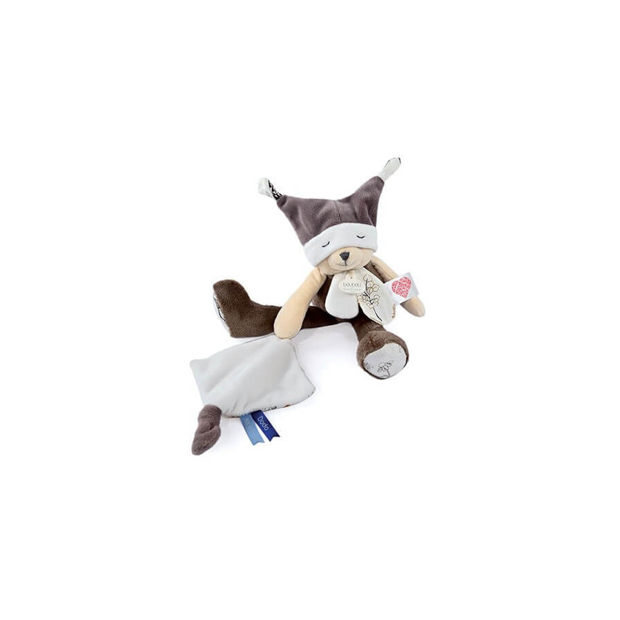 Doudou pantin ours marron 35 cm avec Qr Code Coeur - Bonnet de nuit sur les yeux - Doudou-et-Compagnie
