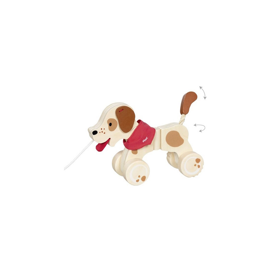 Max le chien en bois à tirer - vue de gauche - mouvement derrière - Goki