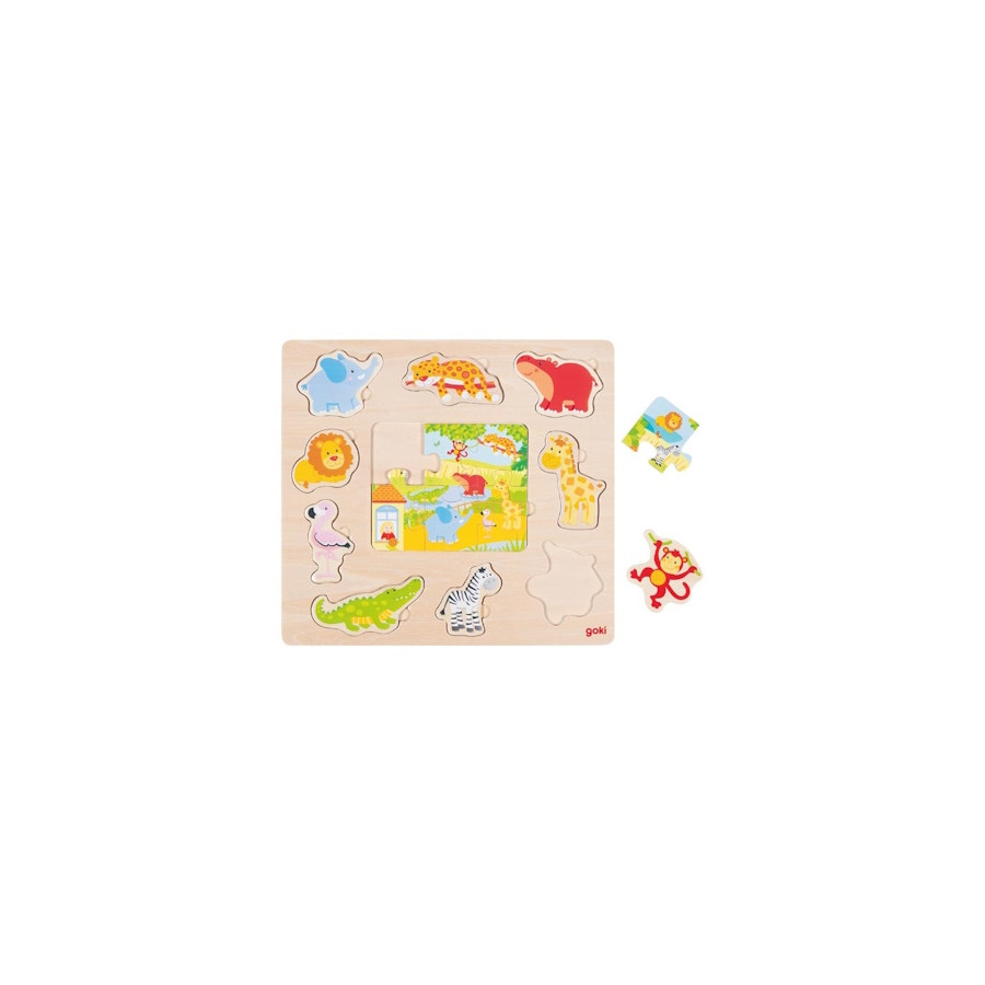 Puzzle en bois Animaux du zoo et pièces du puzzle - Goki