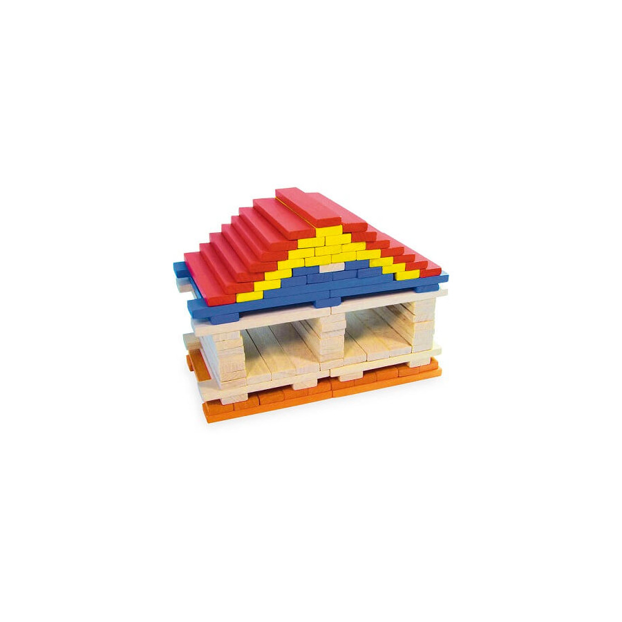 Modele de maison realise avec Baticloc color planchettes en bois de couleurs Vilac